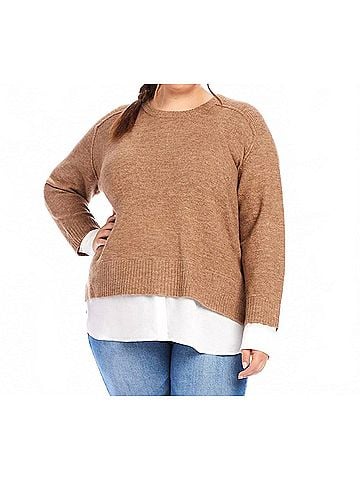 Karen Kane Plus Size Layered Crewneck Sweater in Wheat (view 2)