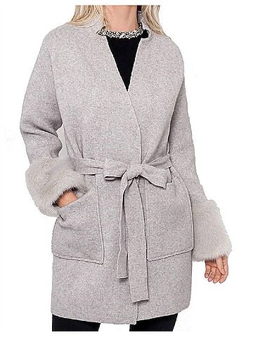 Love Token Ginny Knit Cardigan W-Faux Fur Trim in Light Grey (view 2)