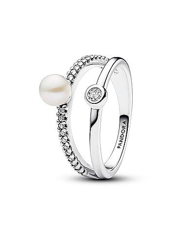 Pandora Treated Freshwater Cultured Pearl &amp; Pav?© Double Band Ring in Silver (view 1)