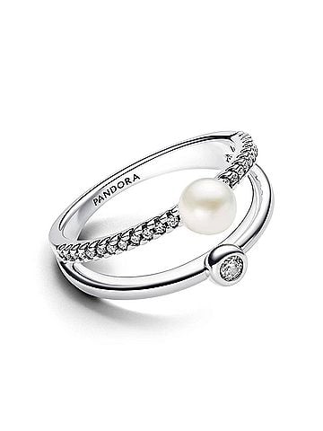 Pandora Treated Freshwater Cultured Pearl &amp; Pav?© Double Band Ring in Silver (view 2)