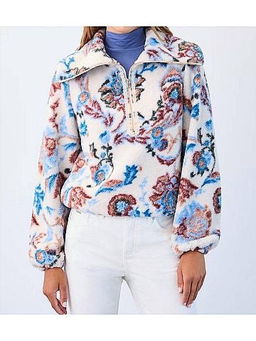 FDJ 1/2 Zip Creme Damask Sherpa Popover Jacket in Creme Neutral Damask (view 2)