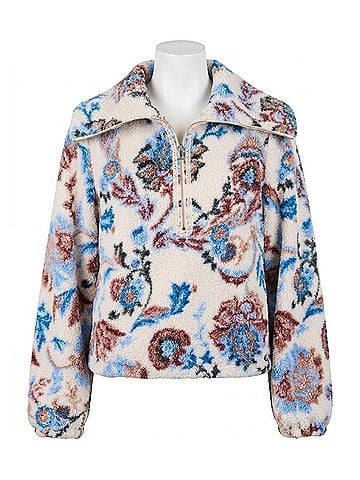 FDJ 1/2 Zip Creme Damask Sherpa Popover Jacket in Creme Neutral Damask (view 1)