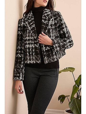 Tribal Chunky Plaid Boucle Button-Front Blazer in Black (view 2)