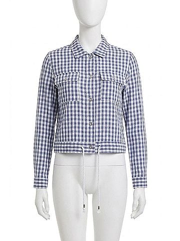 Tribal Cindy Crop Jacket With Drawstring in Dusty Navy Gingham Print (view 1)