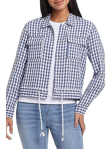 Tribal Cindy Crop Jacket With Drawstring in Dusty Navy Gingham Print (view 2)