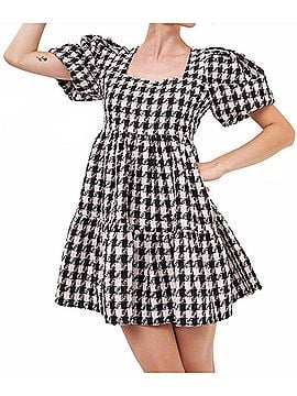 English Factory Genevieve Tweed Puff Sleeve Mini Dress in Black/ Pink (view 2)