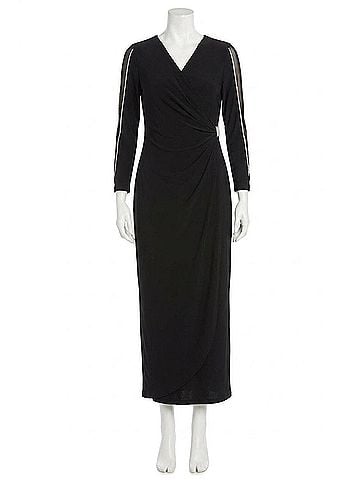 R&M Richards Long Faux Wrap Style Evening Dress in Black (view 1)