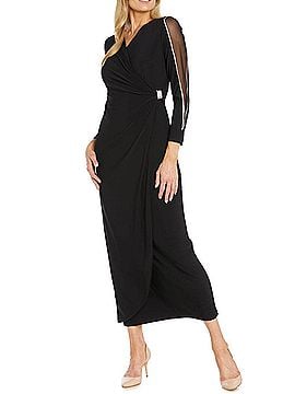 R&M Richards Long Faux Wrap Style Evening Dress in Black (view 2)