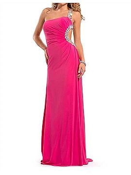 Rachel Allan One Shoulder Heavily Beaded Strap Gown in Fuchsia (view 2)