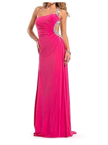 Rachel Allan One Shoulder Heavily Beaded Strap Gown in Fuchsia (view 2)