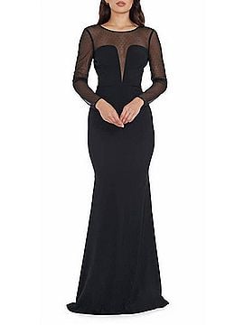 Dress the Population Val Rhinestone Illusion Lace Long Sleeve Mermaid Dress in Black (view 2)