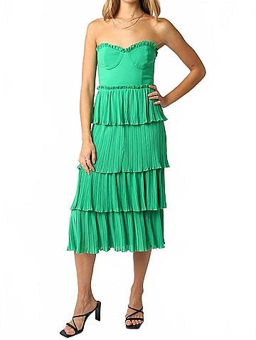 Olivaceous Lyla Strapless Ruffle Midi Dress in Green (view 2)