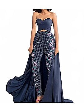 Rachel Allan Stretch Satin Gown With Beaded Pants in Navy (view 2)