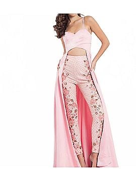 Rachel Allan Stretch Satin Gown With Beaded Pants in Pink (view 2)
