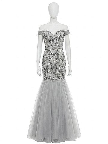 Rachel Allan Off Shoulder Mermaid Prom Dress in Platinum (view 1)