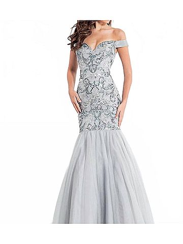 Rachel Allan Off Shoulder Mermaid Prom Dress in Platinum (view 2)