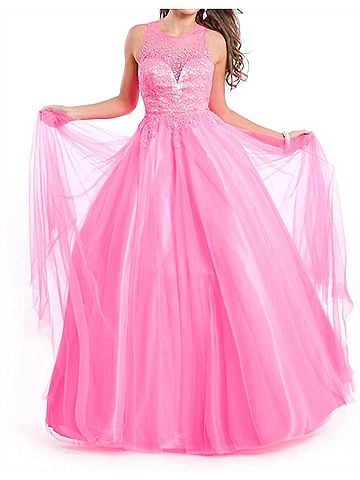 Rachel Allan Sleeveless Open Back Ballgown in Neon Pink (view 2)