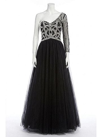Rachel Allan One Shoulder Three Quarter Length Sleeve Dress in Black (view 1)