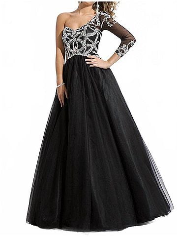 Rachel Allan One Shoulder Three Quarter Length Sleeve Dress in Black (view 2)