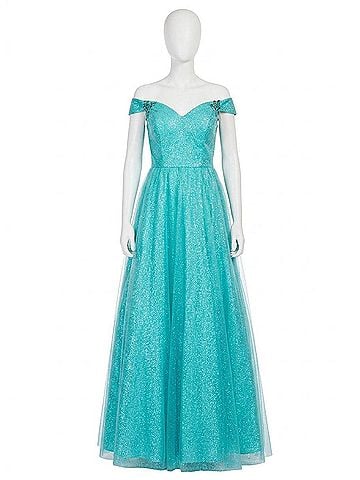 Rachel Allan Sequin Tulle Off-The-Shoulder Prom Gown in Aqua Mint (view 1)