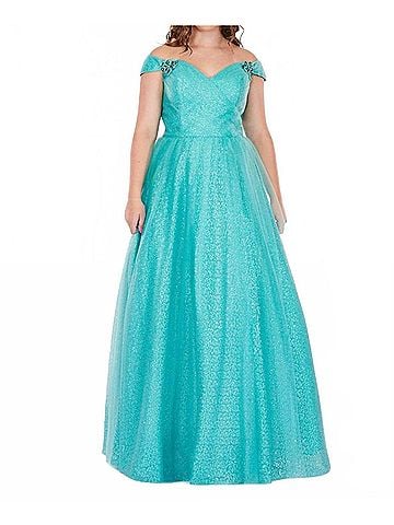 Rachel Allan Sequin Tulle Off-The-Shoulder Prom Gown in Aqua Mint (view 2)