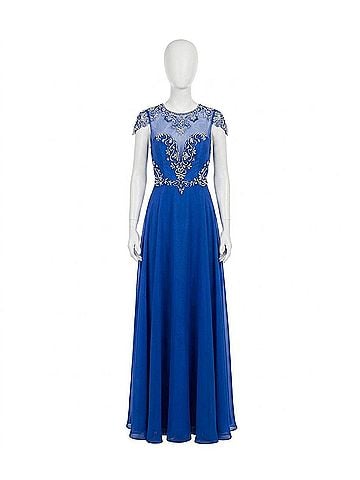 Rachel Allan High Mesh Neck Beaded Chiffon Gown in Royal (view 1)