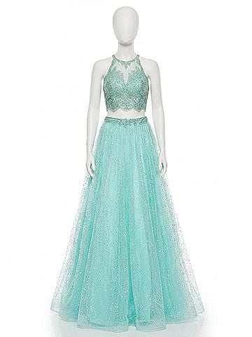 Rachel Allan Embroidered Two-Piece Sequin Tulle Prom Gown in Aqua Green (view 1)