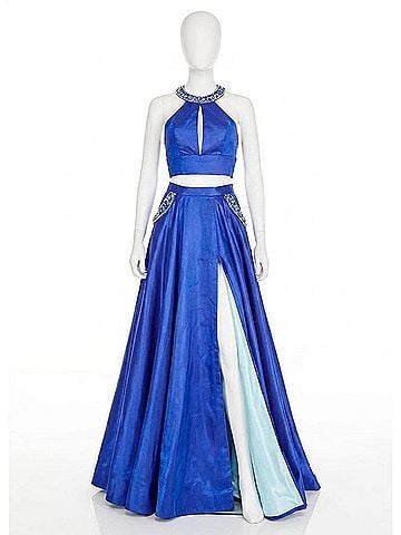 Rachel Allan Two-Piece Beaded Halter Ballgown With High Slit in Royal/Light Blue (view 1)