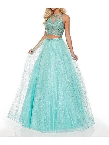 Rachel Allan Embroidered Two-Piece Sequin Tulle Prom Gown in Aqua Green (view 2)