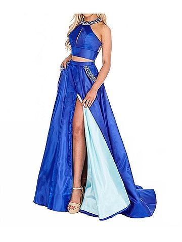 Rachel Allan Two-Piece Beaded Halter Ballgown With High Slit in Royal/Light Blue (view 2)