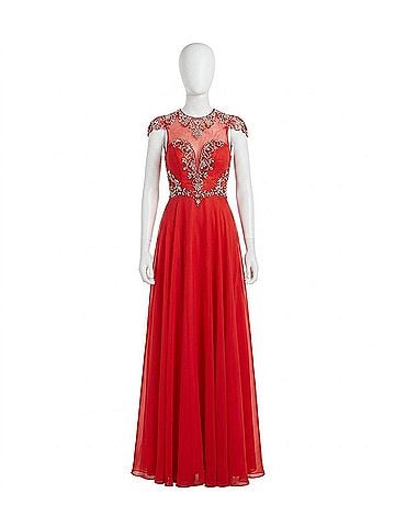 Rachel Allan High Mesh Neck Beaded Chiffon Gown in Red (view 1)