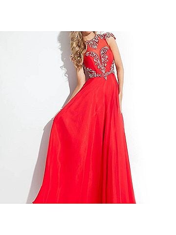 Rachel Allan High Mesh Neck Beaded Chiffon Gown in Red (view 2)