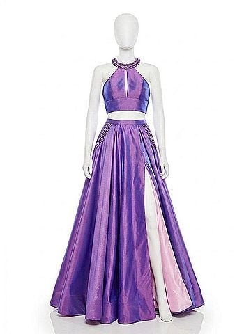Rachel Allan Two-Piece Beaded Halter Ballgown With High Slit in Purple/Pink (view 1)