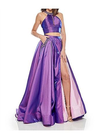 Rachel Allan Two-Piece Beaded Halter Ballgown With High Slit in Purple/Pink (view 2)