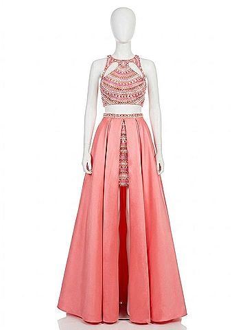 Rachel Allan Fully Beaded Two-Piece Prom Dress With Overskirt in Coral (view 1)