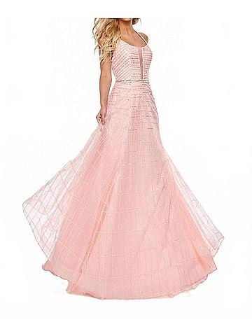 Rachel Allan Glitter Tulle Halter Neck Prom Gown in Blush (view 2)