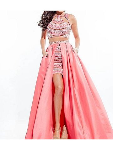 Rachel Allan Fully Beaded Two-Piece Prom Dress With Overskirt in Coral (view 2)