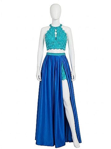 Rachel Allan Two-Piece Lace Prom Dress With Matte Satin Overskirt in Aqua/Royal (view 1)