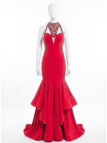 Rachel Allan Beaded Halter Neck Jersey Prom Gown in Red (view 1)