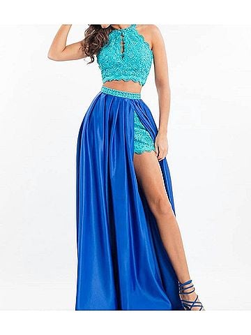 Rachel Allan Two-Piece Lace Prom Dress With Matte Satin Overskirt in Aqua/Royal (view 2)