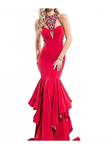 Rachel Allan Beaded Halter Neck Jersey Prom Gown in Red (view 2)