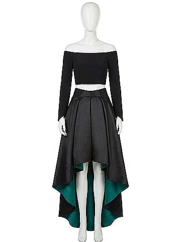 Rachel Allan Two-Piece Off Shoulder High-Low Prom Gown in Black/Teal (view 1)