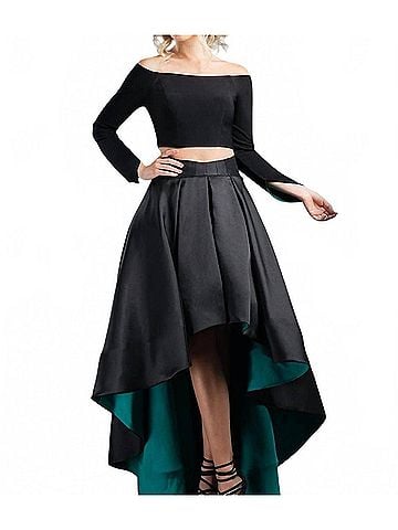 Rachel Allan Two-Piece Off Shoulder High-Low Prom Gown in Black/Teal (view 2)