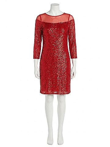 R&M Richards Sequin Illusion Neck Sheath Dress in Red (view 1)