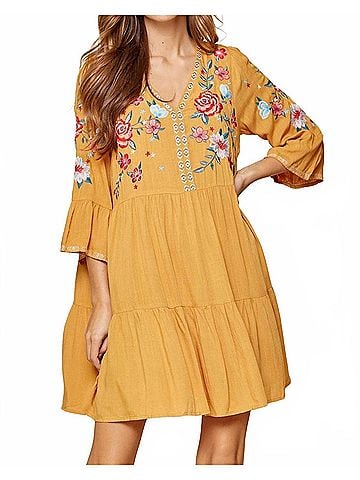 Savanna Jane Embroidered Babydoll Dress in Marigold (view 2)