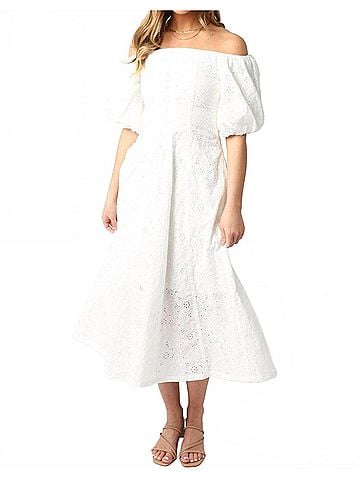 Olivaceous Gracie Eyelet Puff Sleeve Midi Dress in White (view 2)