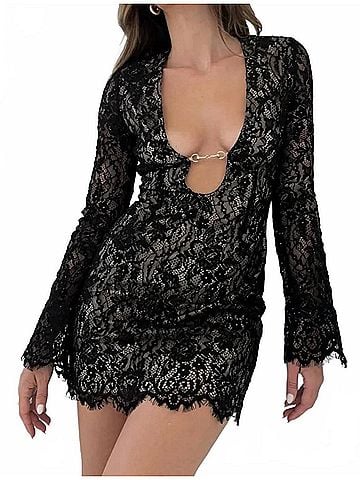 RUMORED Fools Rush Mini Dress in Black Lace (view 2)