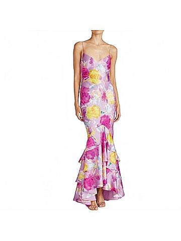 ML Monique Lhuillier Women's Seraphine Satin Long Dress in Blooming Peonies (view 2)