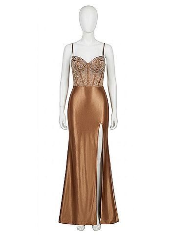 La Femme Beaded Satin Gown in Bronze (view 1)