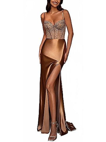 La Femme Beaded Satin Gown in Bronze (view 2)